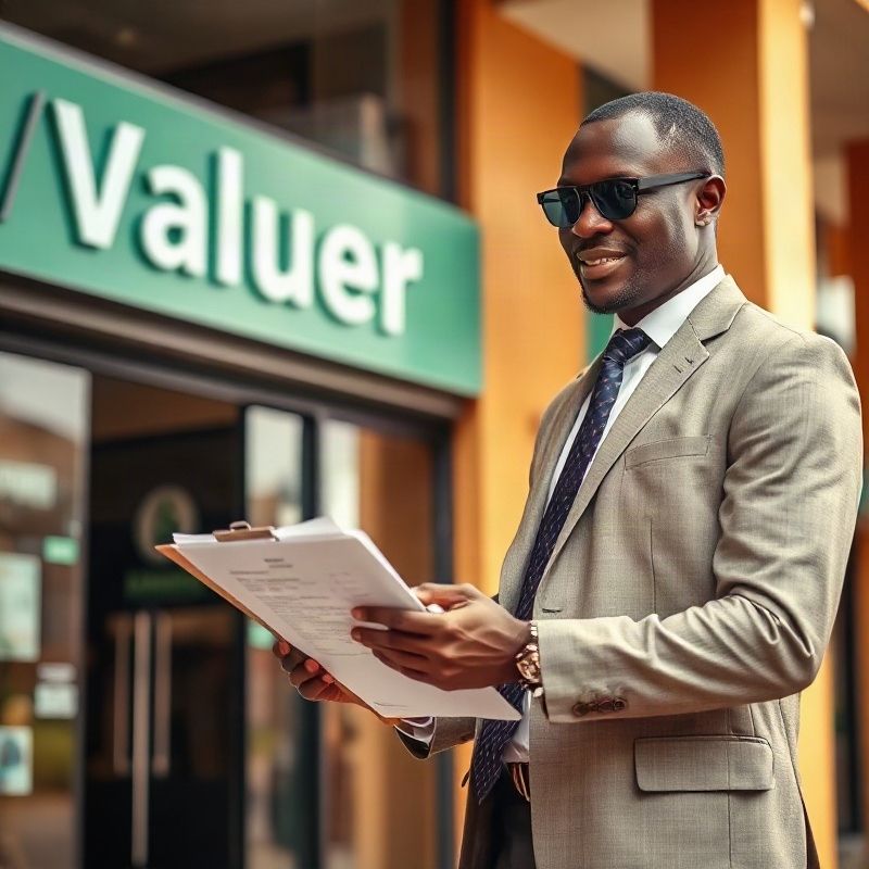 A real estate valuer reviewing a property report outside a Kisumu commercial building