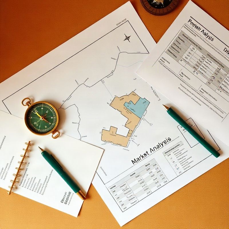 Overhead flat-lay of a property site plan with compass and market analysis pages