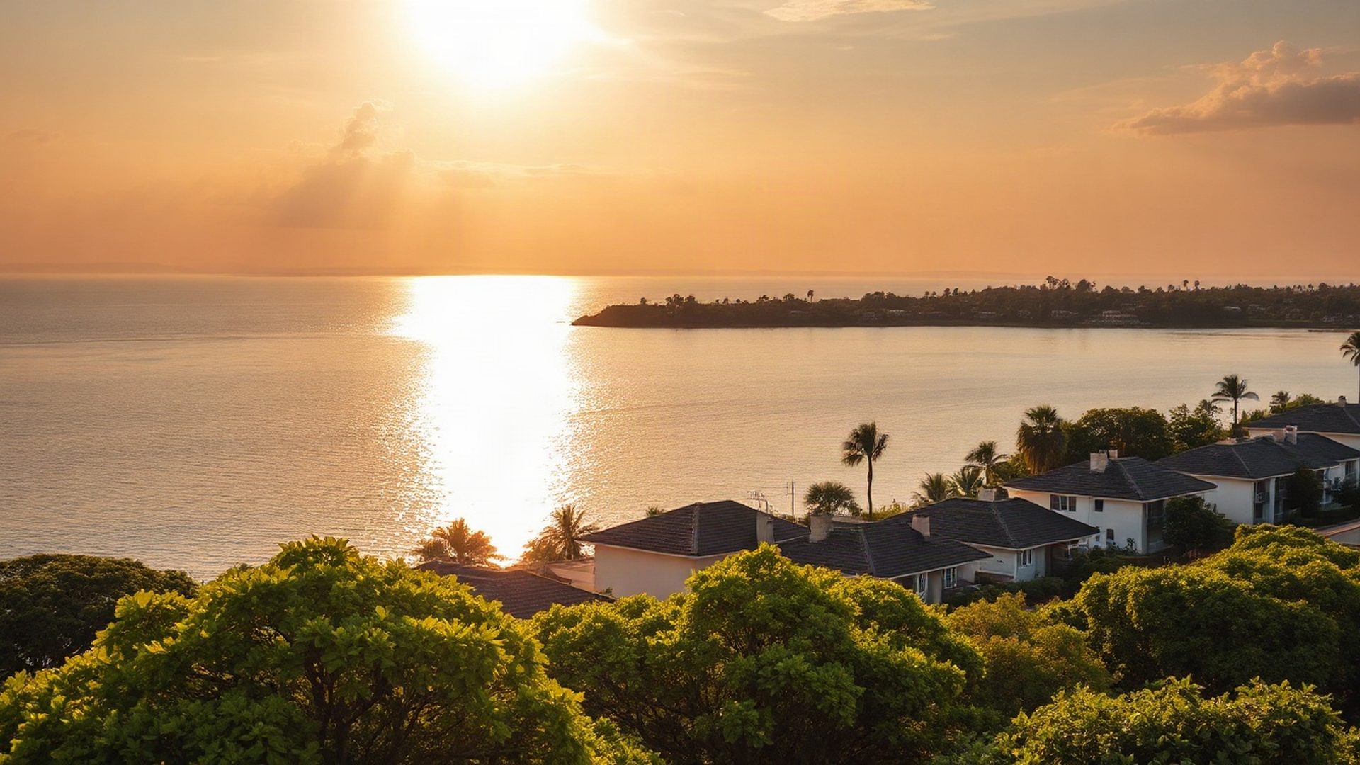 Aerial view of Kisumu's lakefront at golden hour, with Lake Victoria and residential rooflines in view